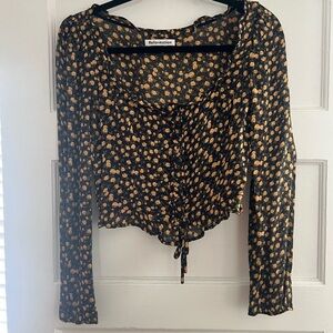 Reformation Black Yellow Floral Tie-Front Long Sleeve Crop Top